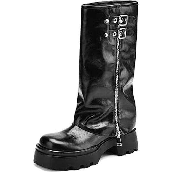 Teaieui Women Size 6.5 Black Faux Leather 2" Heel Mid Calf Buckle Zip Moto Boots - Picture 1 of 6